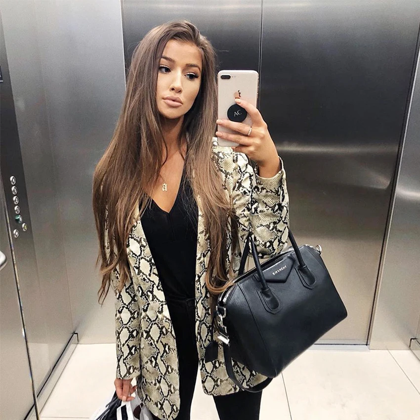 2019 Spring Women Snake Print Blazer England Style Pockets Long Sleeve Slim Vintage Blazers Jackets Female Outerwear Plus Size