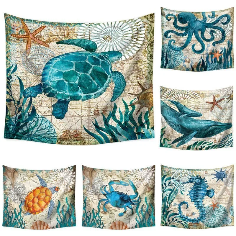 

110*130cm Marine Sea Turtle Wall Cloth Tapestry Polyester Hanging Wall Carpet Decorative Tablecloth Blanket Home Decor 60005