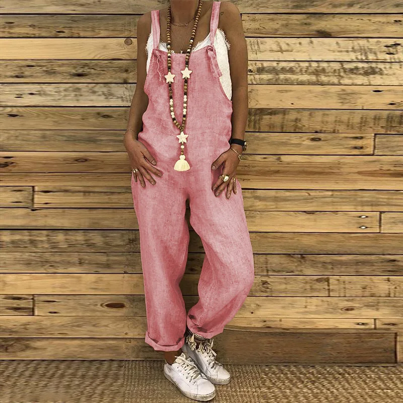 

Women Jumpsuits Cotton Linen Overalls Summer Jumpsuit Strap Rompers Dungaree Casual Loose Trousers