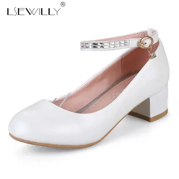 

Lsewilly Size 32-43 Office Lady Med Heel Shoes Women Ankel Strap Round Toe Thick Heels Buckle Pumps Party Female Footwears E443
