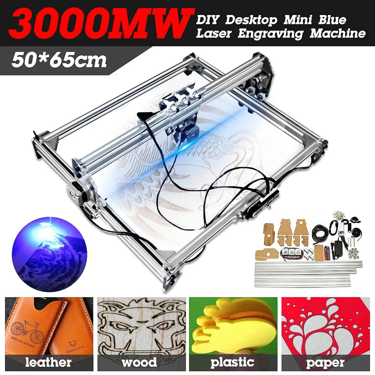 

50*65cm Mini 3000MW Blue Laser Engraving Engraver Machine DC 12V DIY Desktop Wood Cutter/Printer/Power Adjustable+ Laser