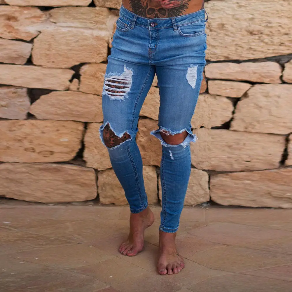 New Hole Jean Men Fashion Skinny Stretch Denim Pencil Pants Distressed Ripped Freyed Biker Slim Fit Jeans Trouser Size 28-36