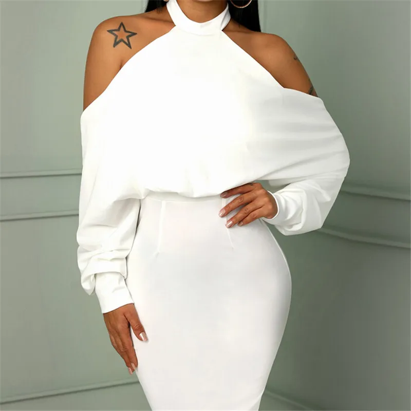 

Women's Off Shoulder Halter Dress Sexy Backless Long Sleeve Evening Party Club Short Mini Pencil Dress Batwing Sleeve Dresses