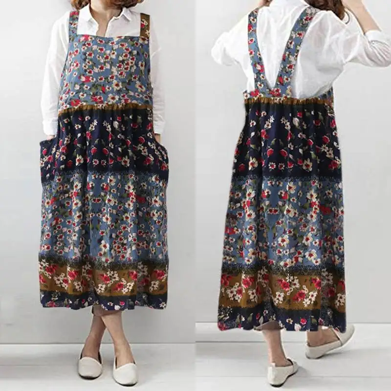 

2019 Summer Print Overalls Dress Women Cooking Kitchen Apron Dress Vintage Strappy Loose Vestidos Robe Femme Plus Size