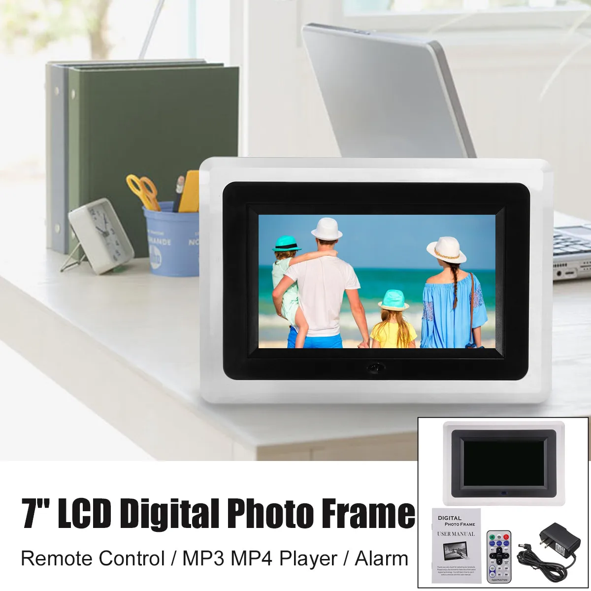 

Multi-functional LCD Digital Photo Picture Frame 7 inch 23x16x3.5cm Clock Music Movie Calendar Video Player Remote Control