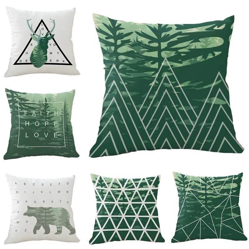 

Green Geometric Nordic Cushion Cover Bear Deer Tropic Tree Throw Pillow Cover Sofa Bed Decorative Pillow Polyester Cushion Case