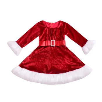 

pudcoco Kids Girls Christmas Round Neck Santa Father Costume Swing Dress with Waistband