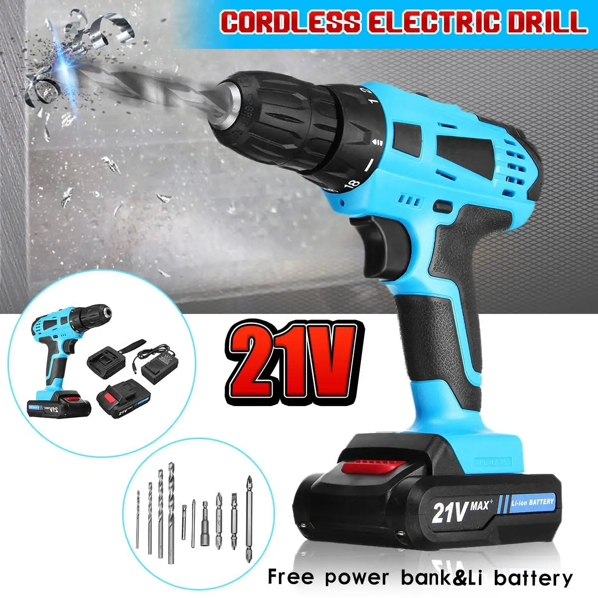 

12V/21V Electric Screwdriver Hand Wrench Tool Set Multifunction Rechargeable Lithium Battery*2 Torque Electric Drill 2-Speed