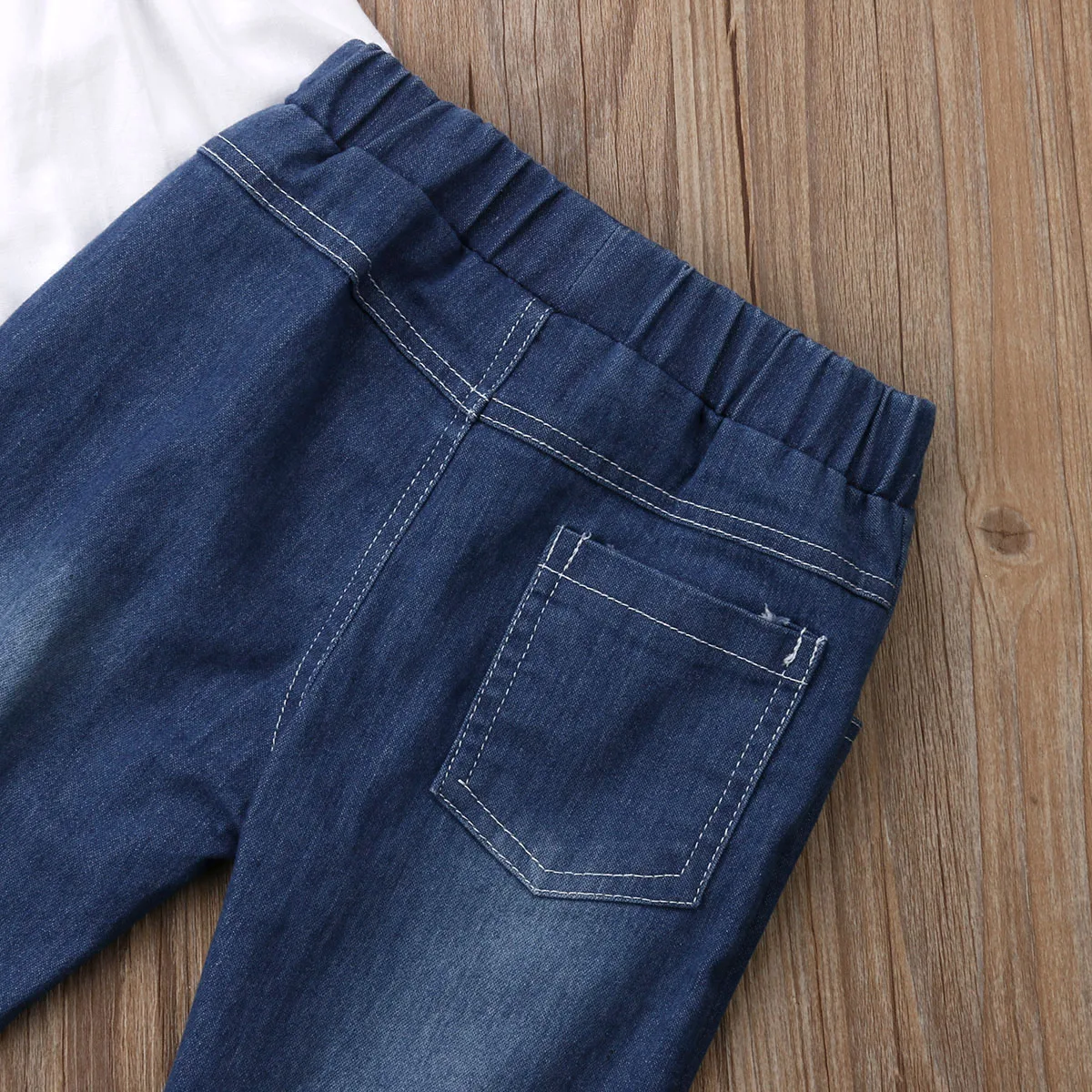 Комплект одежды для маленьких девочек, хлопковая блузка с оборками, рубашка Топы, длинные джинсовые штаны джинсовая одежда с бусинами для детей от 2 до 7 лет