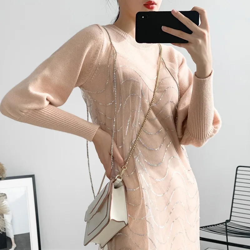 O Lanterne Manches Long Lourd Bretelles Twotwinstyle Printemps De Féminine Robe Deux 2019 Réservoir Perles À Cou Femmes Pink Pièces Costumes Tricoté Longues qXv575wt