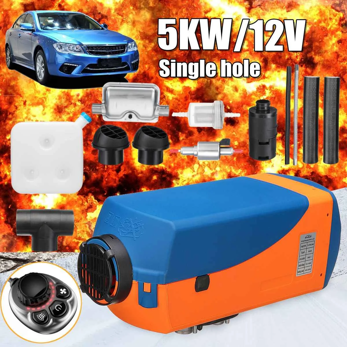 

New 5KW 12V Diesels Air Heater Tank Single hole / 4 holes 2xVent Duct Thermostat Caravan Motorhome Knob Switch With Silencer
