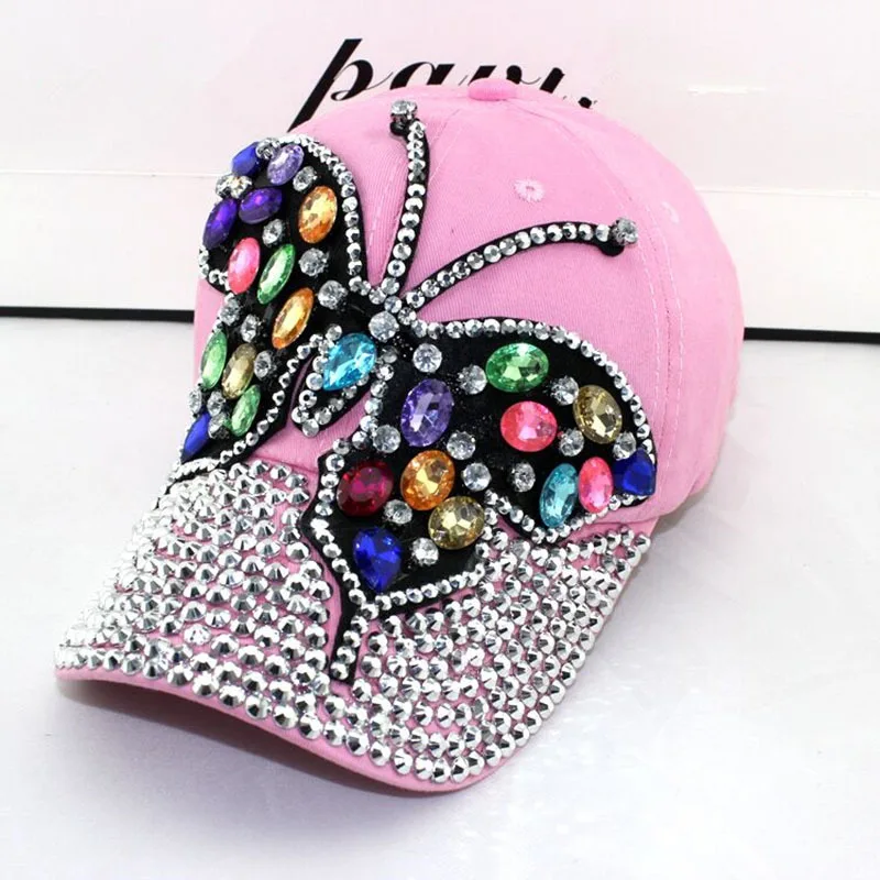 2019 autunno berretto da Baseball donna pieno di cristallo colorato grande farfalla cappello Denim Bling strass Snapback Caps Casquette cappelli estivi