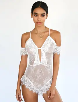 

Women Lace Sexy Bodysuit V Neck Hollow Sheer Jumpsuit One Piece Suit Bodysuits White Leotard Sleeveless Romper Nightwear