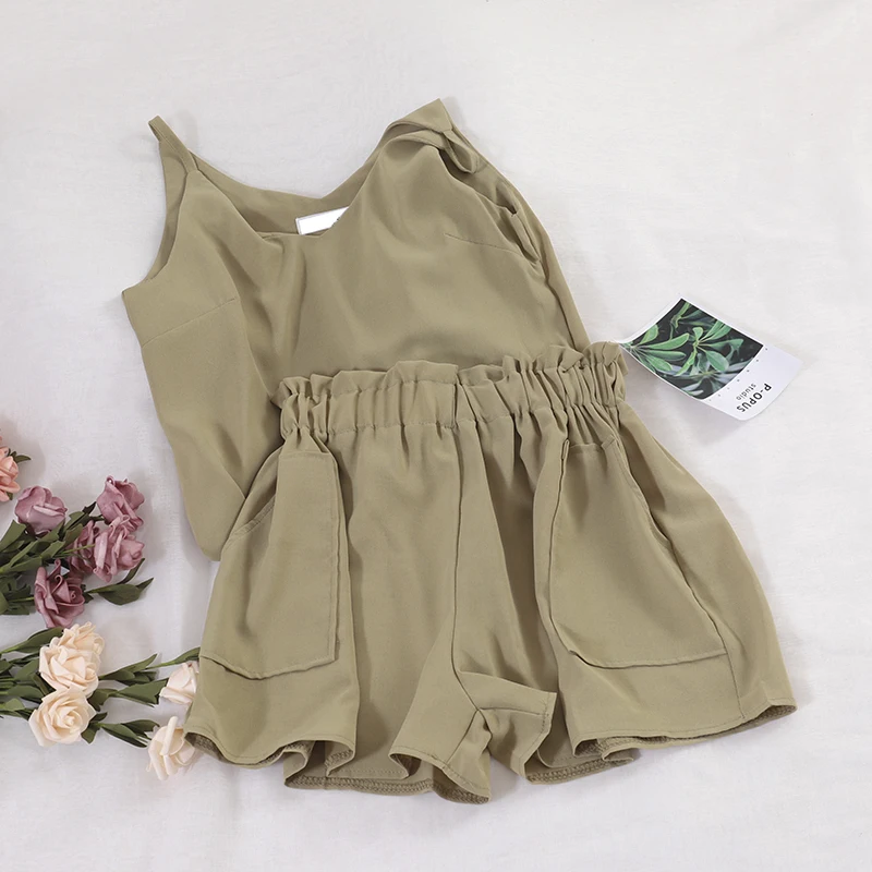 

Summer Casual Short Set Women Solid V-neck Camisole + Wide Leg Shorts Female Beach Wear Two Pieces Set Suit Twinset Matching Set