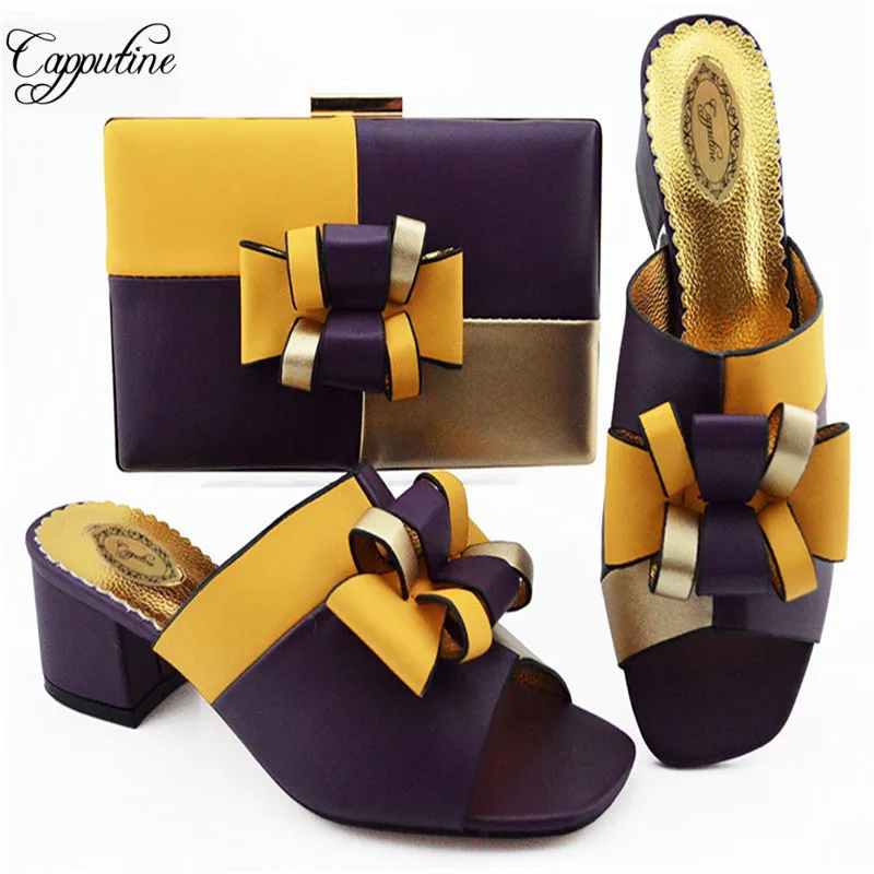 

Nigerian Style PU Woman Slipper Shoes With Purse Set Italian Elegant Middle Heels Shoes And Bag Set For Party Dress M1086