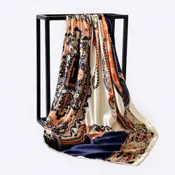 Модный платок для женщин цветочный узор атласный, Шелковый платок 90x90 см квадратная шаль Бандана для головы большой хиджаб шарфы для дам
