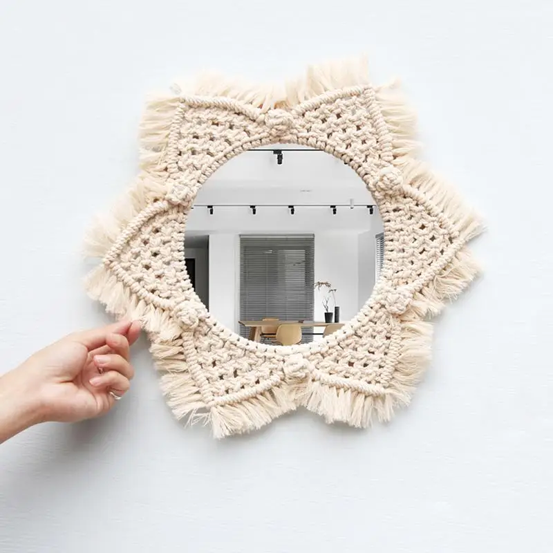 1 pieza Beige redondo bohemio espejo macramé cuerda de algodón hecho a mano hogar colgante pared espejo Decoración elegante espejos de pared