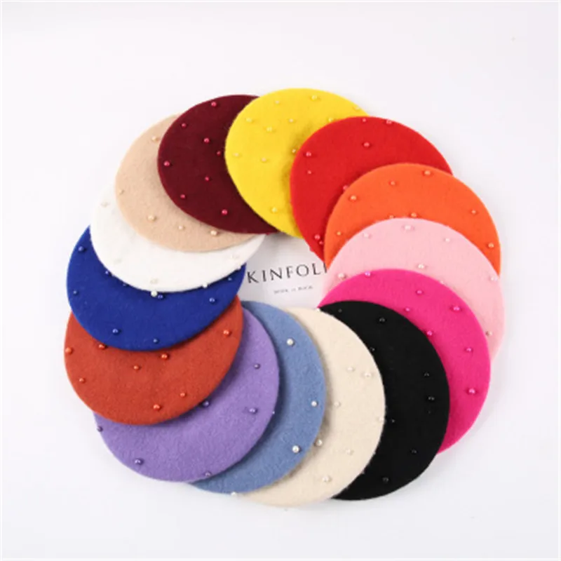 

New Fashion Candy Color Wool Baby Hats with Pearls 1PC Retro Baby Girl Beret Cap for 3-8 Years