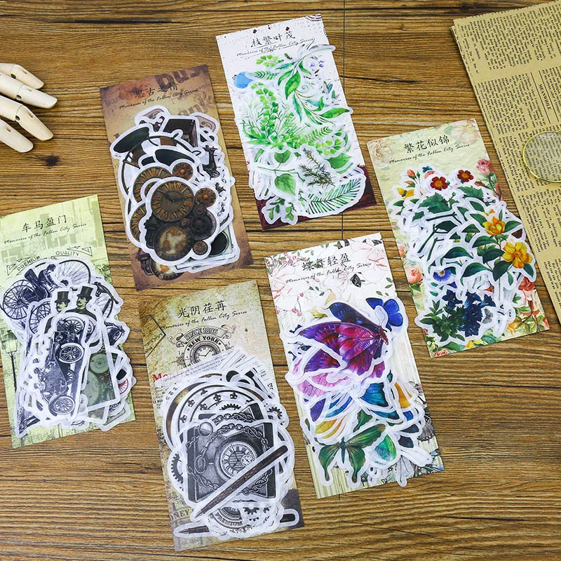 

60pcs/bag Vintage Clock Sticekrs Washi Paper Stickers Butterfly Flowers Green Plants Decor Diy Scrapbooking School Papeterie