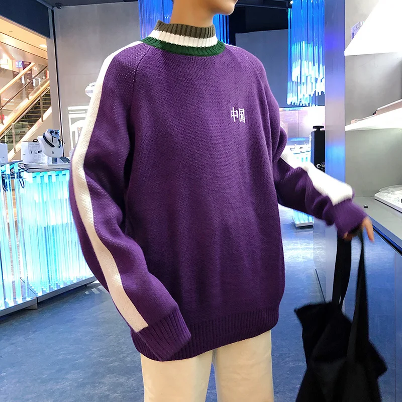 

2019 Spring And Autumn New Half-high Collar China Loose Casual Sweater Tide Men's Bright Color Pullover Yellow / Purple / Blue