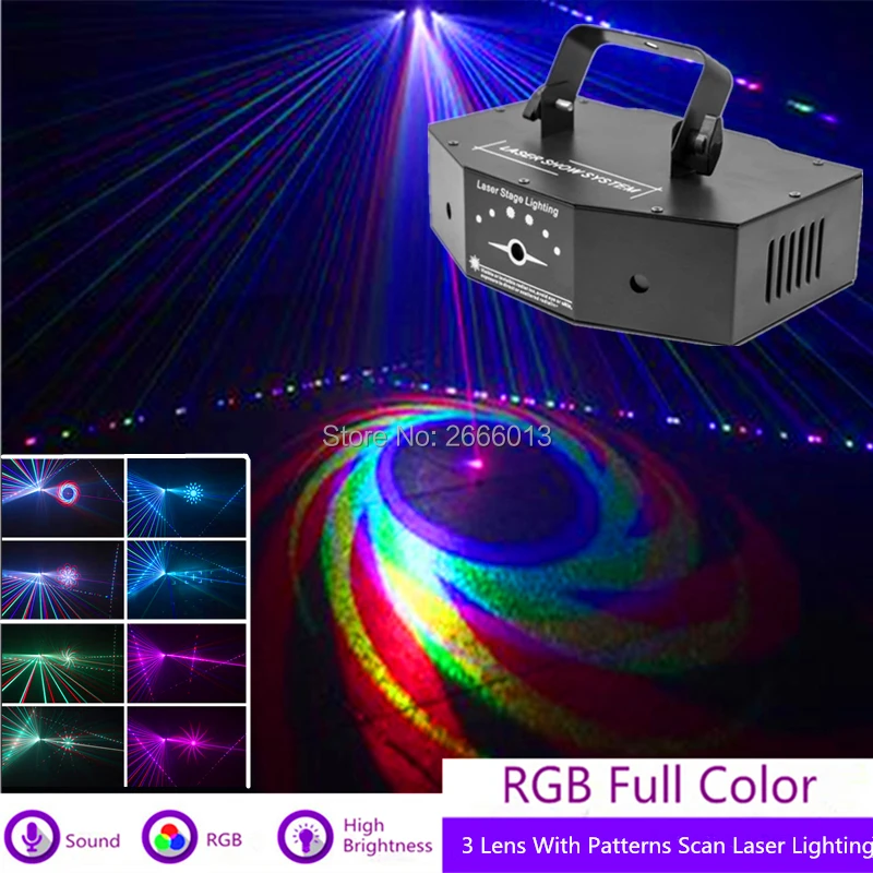 3 rgb подсветка линзы полный Цвет сканирования луч + выкройки лазерной лампы DMX Звук