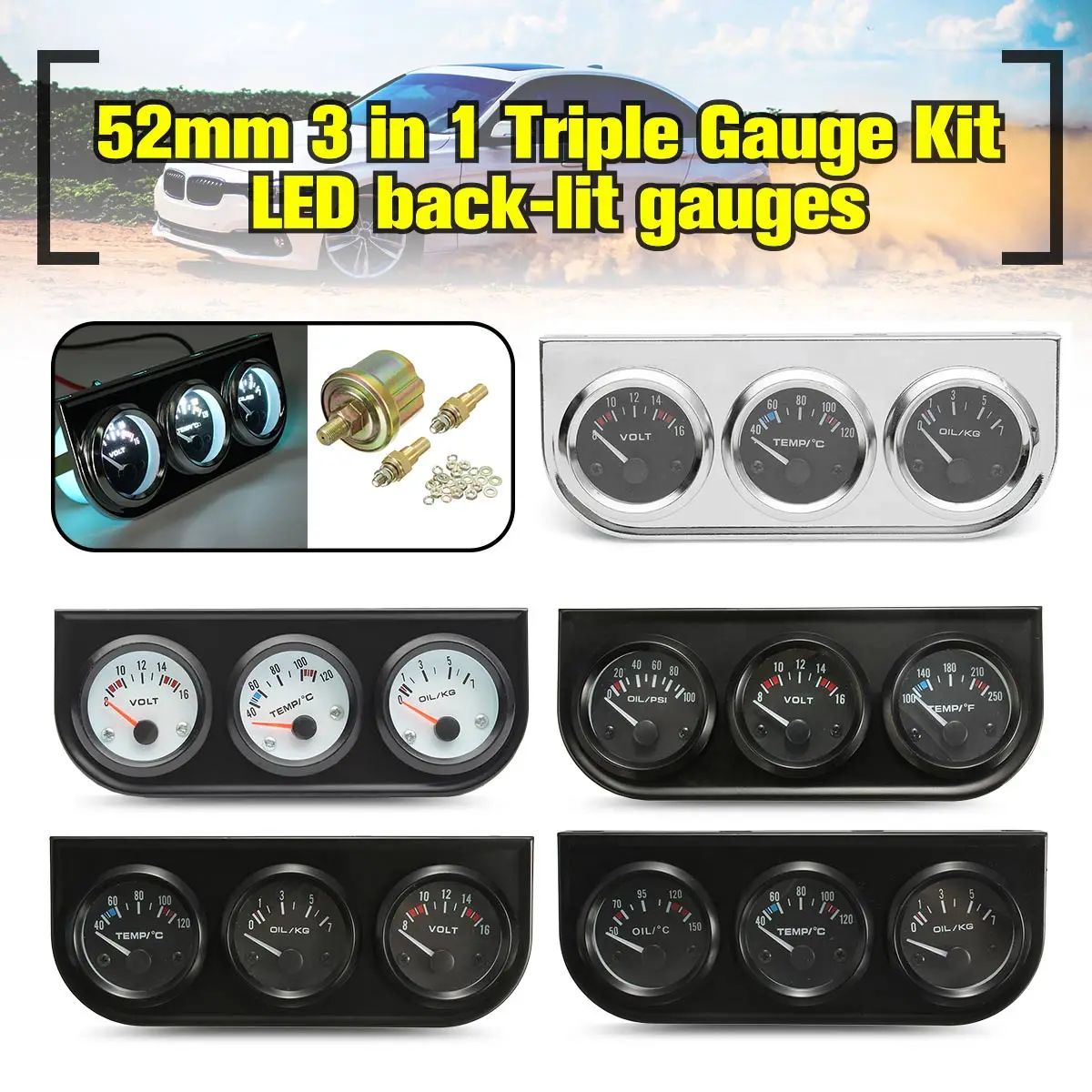 Comprar 2 52mm 3 en 1 voltímetro + termómetro de agua + Kit de manómetro eléctrico de presión de aceite kit de voltímetro o medidor de temperatura de aceite Kit de triple manómetro