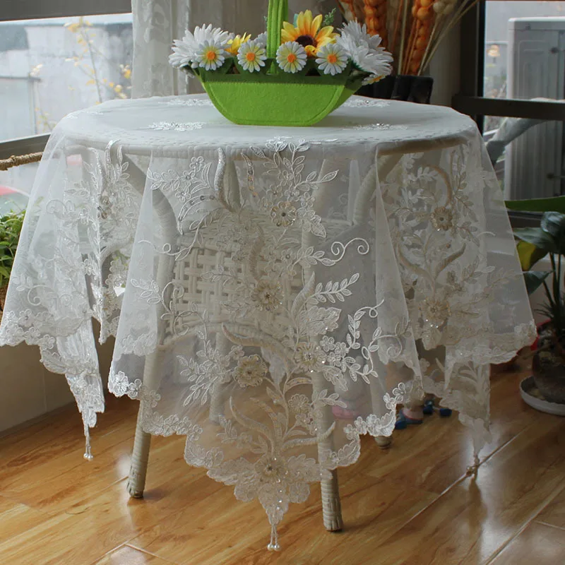 

Korean Lace Handmade Beaded Fabric Table Cloth Transparent Luxury Tablecloth Cover Towel Balcony Doilies Wedding Banquet Decor