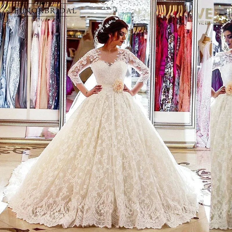 

Modest Lace Ball Gown Wedding Dresses 2019 Robe De Mariee Sheer Long Sleeve Bridal Gowns Free Shipping Handmade Wedding Dress