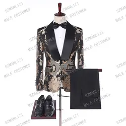 Костюм Homme Mariage 2019 Terno модный формальный смокинг Черное золото жаккард Вышивка мужской костюм Жених Свадебный костюм для мужчин