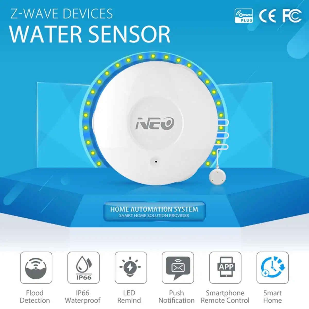 

NEO Z-Wave Smart Water Flood Sensor Battery Powered Home Office Detectior 868.4MHz Security Alarm Water Leakage Alerts Emergency