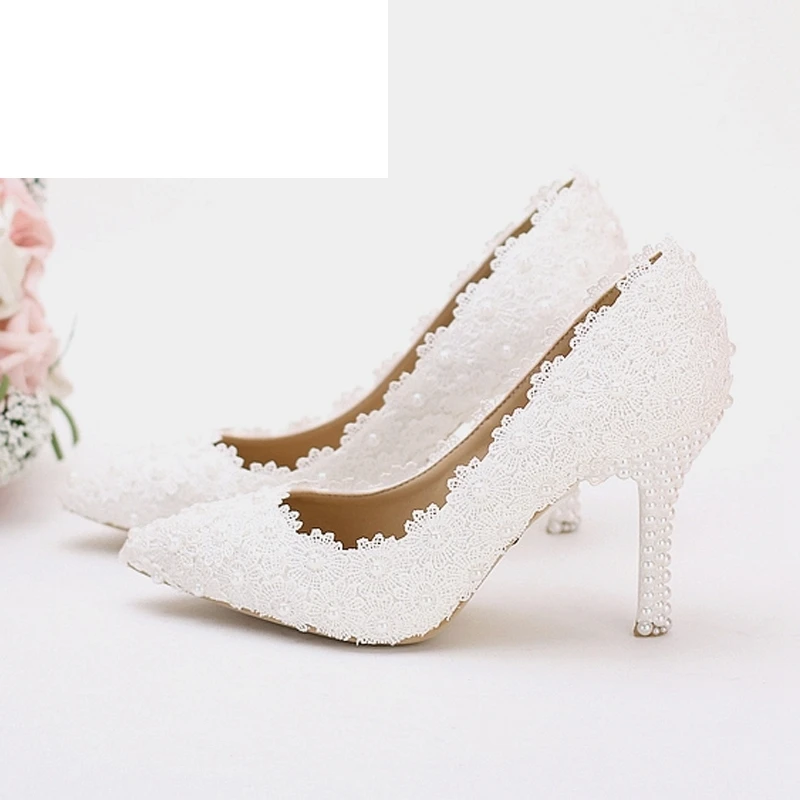 

White Lace Wedding Party Shoes Girl Birthday Party Pumps Handmade Bridesmaid Shoes Pointed Toe Women Spring Dress Shoes