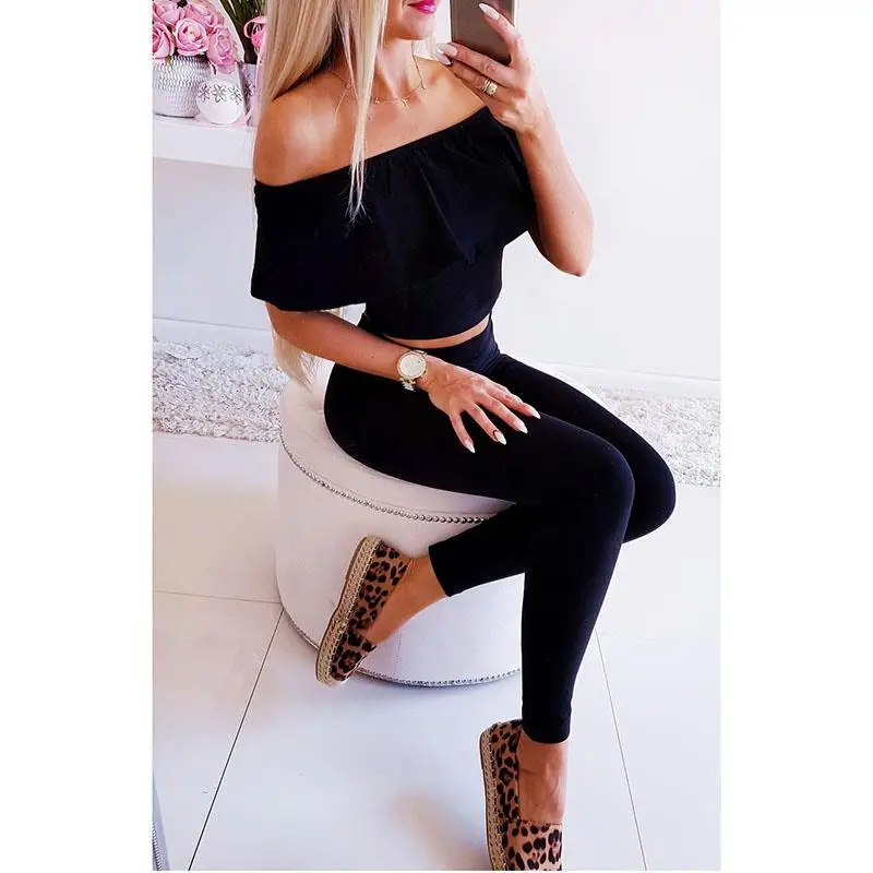 

Women Set Summer 2 Pieces Outfits For Women Off Shoulder Crop Tops And Long Pants Female Tracksuit SJ2708C