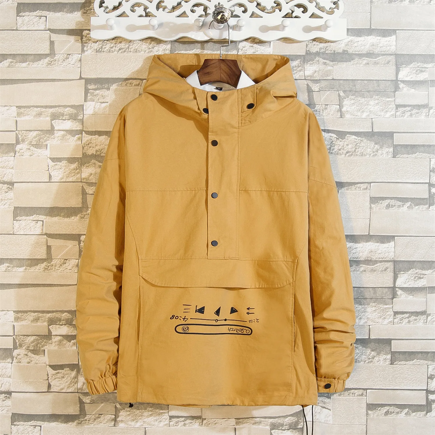 

#2945 Yellow/Black Hip Hop Jacket Windbreaker Letter Printed Hooded Coats Men Front Pockets Streetwear Japan Style Plus Size 5XL