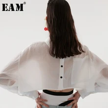 [EAM] Новинка, осенне-зимняя Свободная рубашка со стоячим воротником, длинным рукавом и белыми пуговицами, большой размер, модная женская блузка JR430