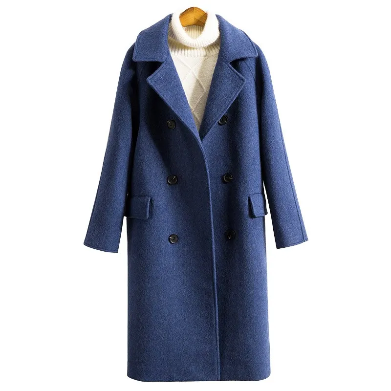 High Quality Women Blue Wool Coats Autumn Winter Double Breasted Long