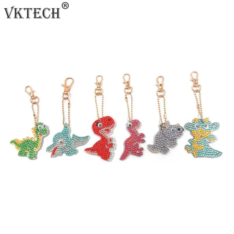 

6pcs DIY Keychain Handmade Cartoon Dinosaur Full Drill Diamond Painting Cross Stitch Rhinestone Embroidery Decoration