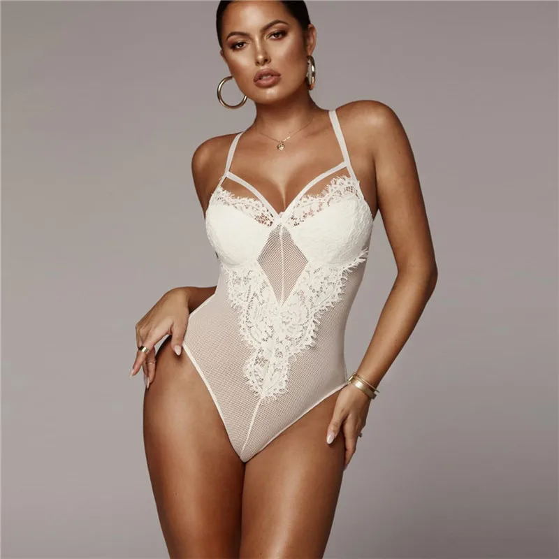 

Sleeveless Strap Hollow Out Sexy Lace Bodysuits Mesh Back Perspective Sexy Overalls For Women Combinaison Femme Ez*