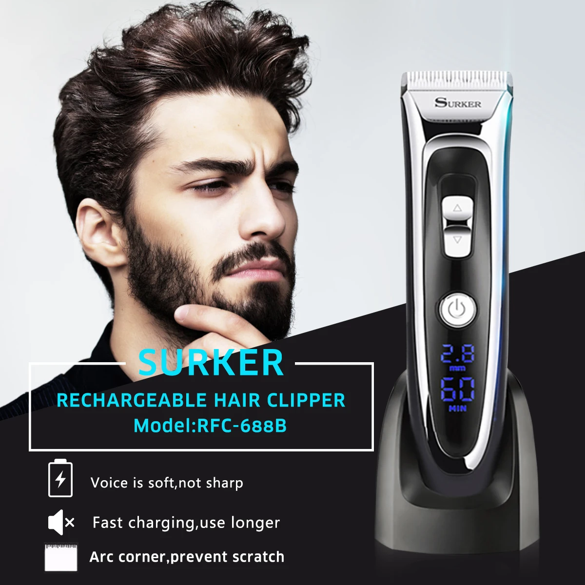 Prix SURKER RFC 688B Rechargeable Tondeuse À Cheveux Tondeuse À Cheveux avec LED Affichage Silencieux En Céramique Couteau Charge Rapide Machine de Coupe De Prise UE