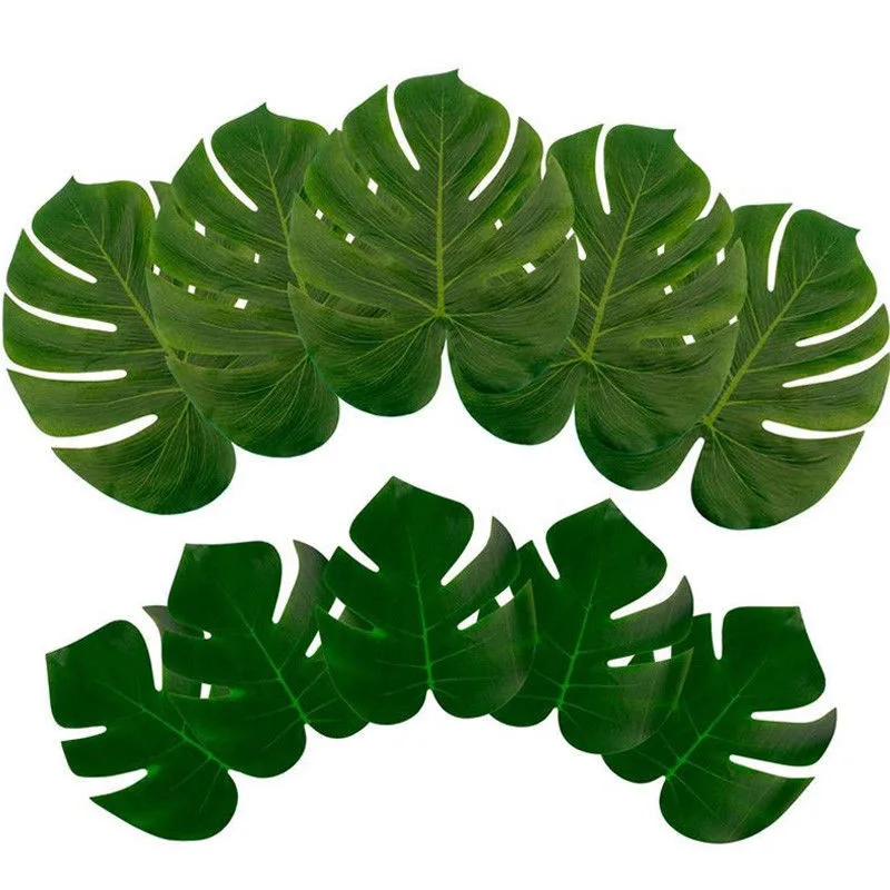 12 قطعة الأخضر الغابة الاصطناعي يترك الاستوائية النخيل يترك جزيرة نمط محاكاة النبات حفل زفاف طاولة المنزل الديكور