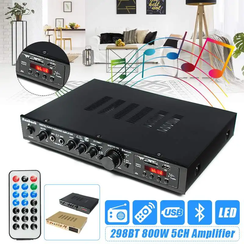 

bluetooth 298BT Power Amplifier LCD Display Stage Audio HiFi 800W 220V-240V 50Hz 5CH Home Theatre FM Radio Support SD/USB