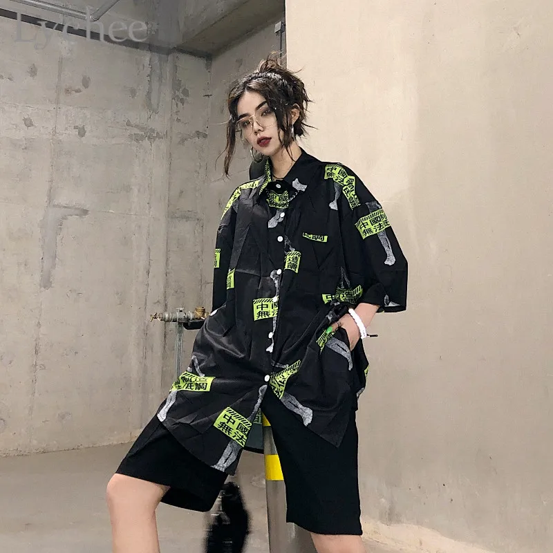

Lychee Harajuku Hit Color Chinese Print Female Shirts Blouse Summer Turn-down Collar Short Sleeve Women Shirts Blouse