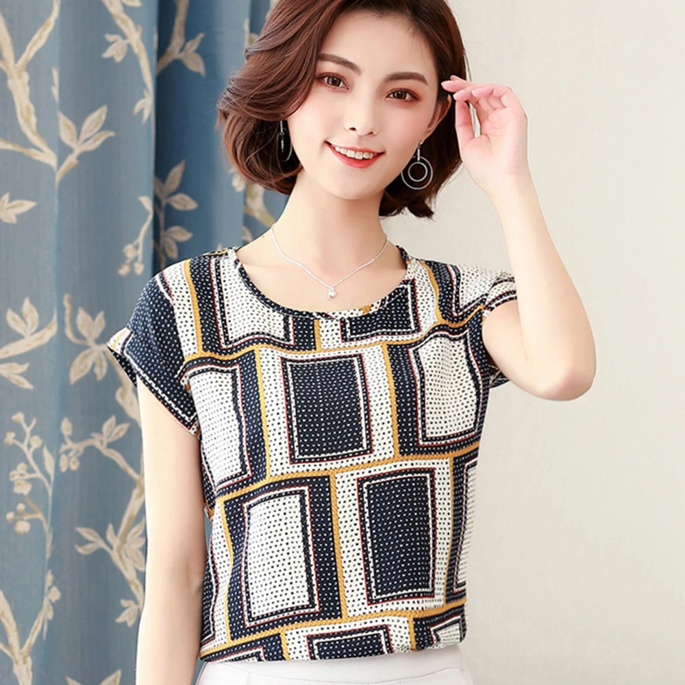 Gentillove 2019 Summer Dot Floral Print Chiffon Blouse Shirt Women Short Sleeve O-Neck Boho Tops Casual Female Plus Size Blusas