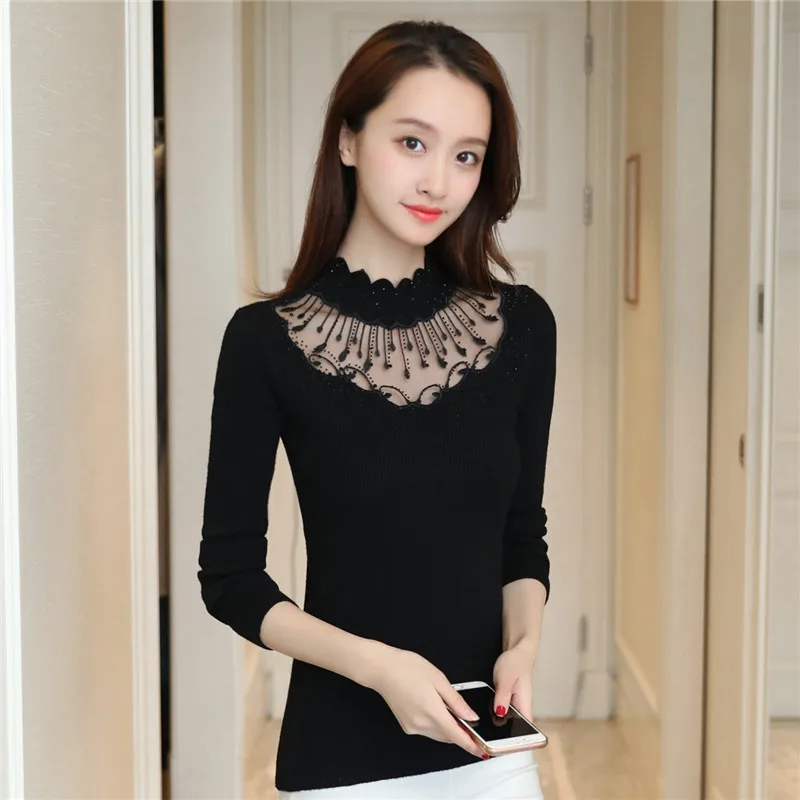 Hot Sale Autumn Winter Women Elastic Solid Turtleneck Lace Sweater Slim Sexy Hollow Out Tight Bottoming Knitted Pullovers