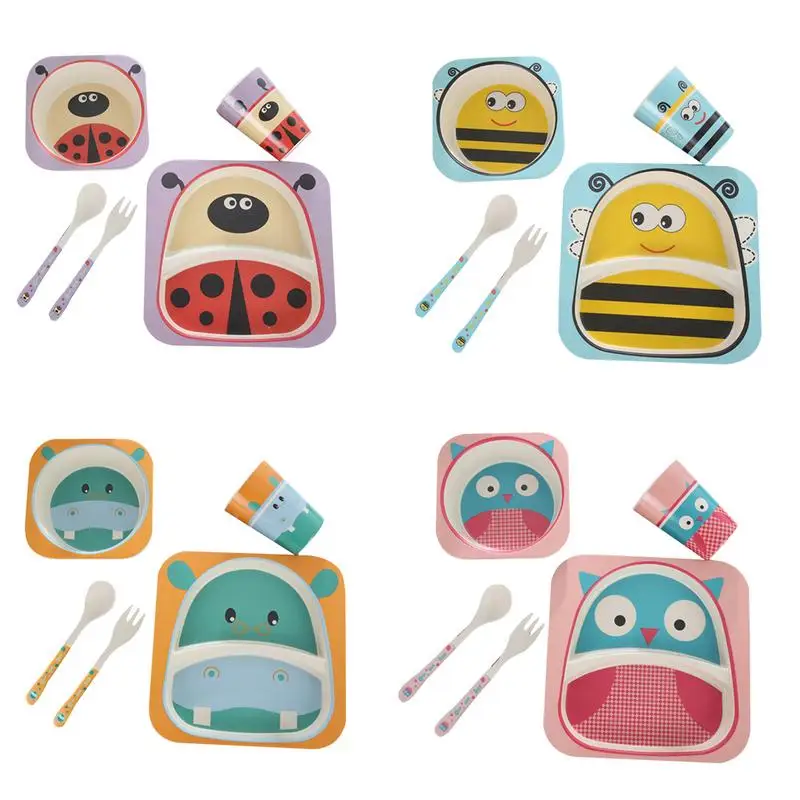 

5pc/set Kid's Tableware Bamboo Fiber Sets Cartoon Tableware Creative Gift For Infant Toddler Children Dinnerware Set