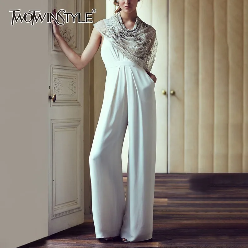 TWOTWINSTYLE Sexy Halter Jumpsuits For Women Sleeveless Off Shoulder V Neck High Waist Wide Leg Pants Female 2020 Fashion Tide