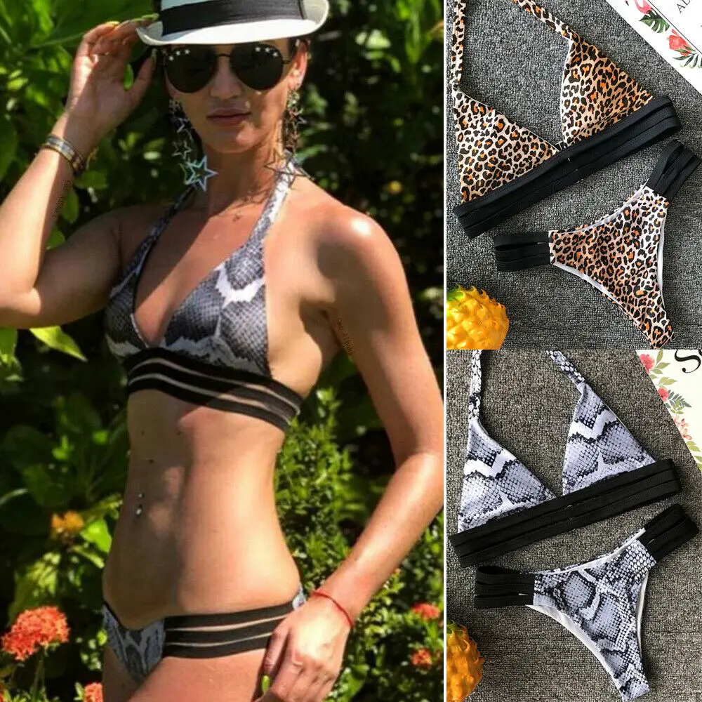 

Women's Sexy Triangle Leopard Bikini Set Thicken Bra Top Thong Swimwear Swimwear