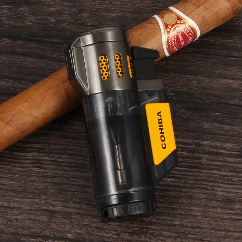 COHIBA гаджеты портативный ветрозащитный бутан газ 3 пламени прикуривателя путешествия Cohiba Сигареты Аксессуары для зажигалок с подарочной коробкой