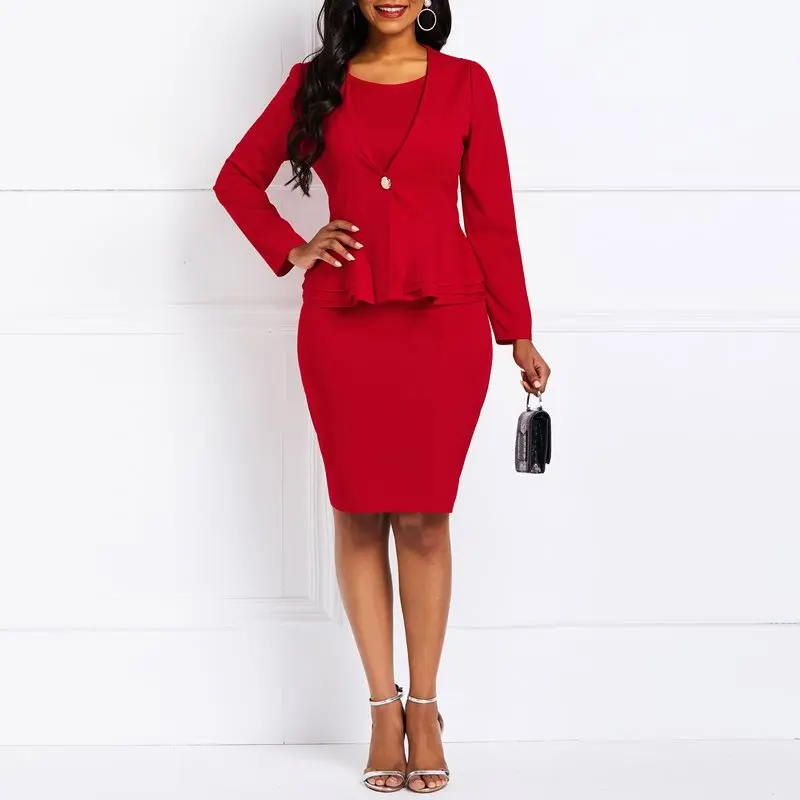 Spring 2019 Women Suits Office Wear Blazer Coat Ruffles Sexy Bodycon Dresses Solid Red 2 Piece Dress Suit Elegant Business Sets Spring 2019 Women Suits Office Wear Blazer Coat Ruffles Sexy Bodycon Dresses Solid Red 2 Piece Dress Suit Elegant Business Sets