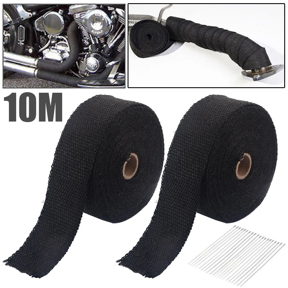 

2x 10M Black Exhaust Motorcycle Header Pipe Heat Wrap Tape Protection Band with 20 Ties Kit Black