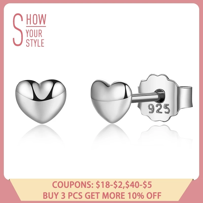 

100% 925 Sterling Silver Petite Plain Hearts Stud Earrings For Women Silver Small Earrings Fine Jewelry Brincos Pas441 BAMOER